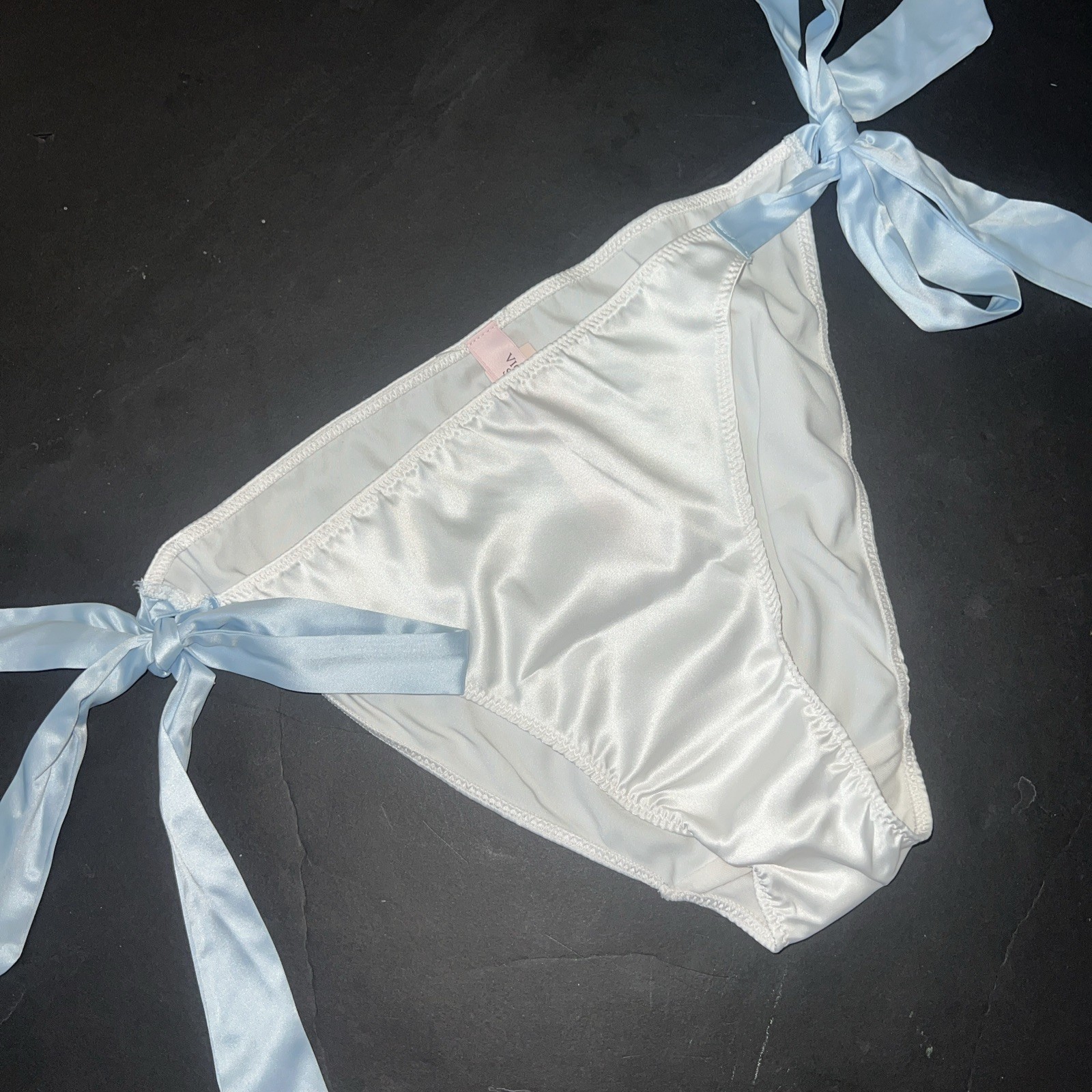 Victoria’s Secret M panty LOT 2 SATIN BLUE WHITE side tie BRIDE I DO EMBROIDERY