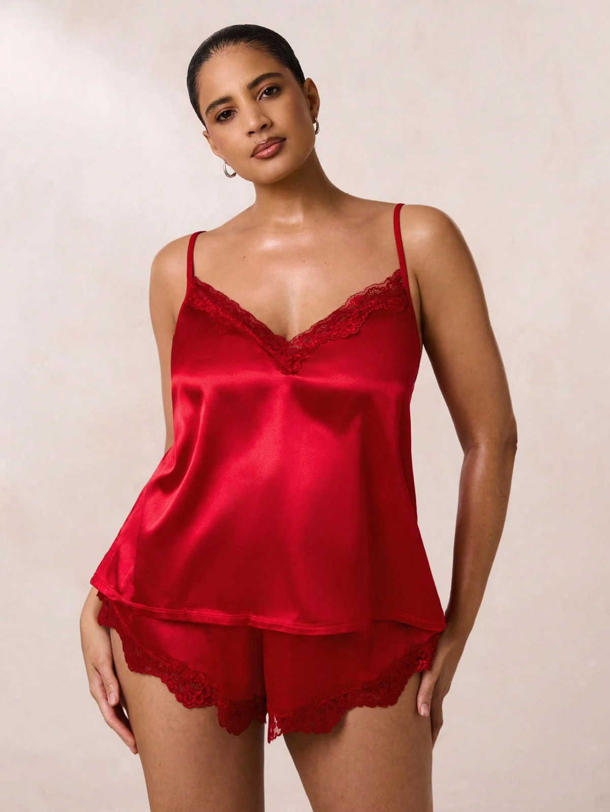 BAE Satin Cami Top & Shorts Pyjama Set with Lace Trim, Big Sizes Cheap24