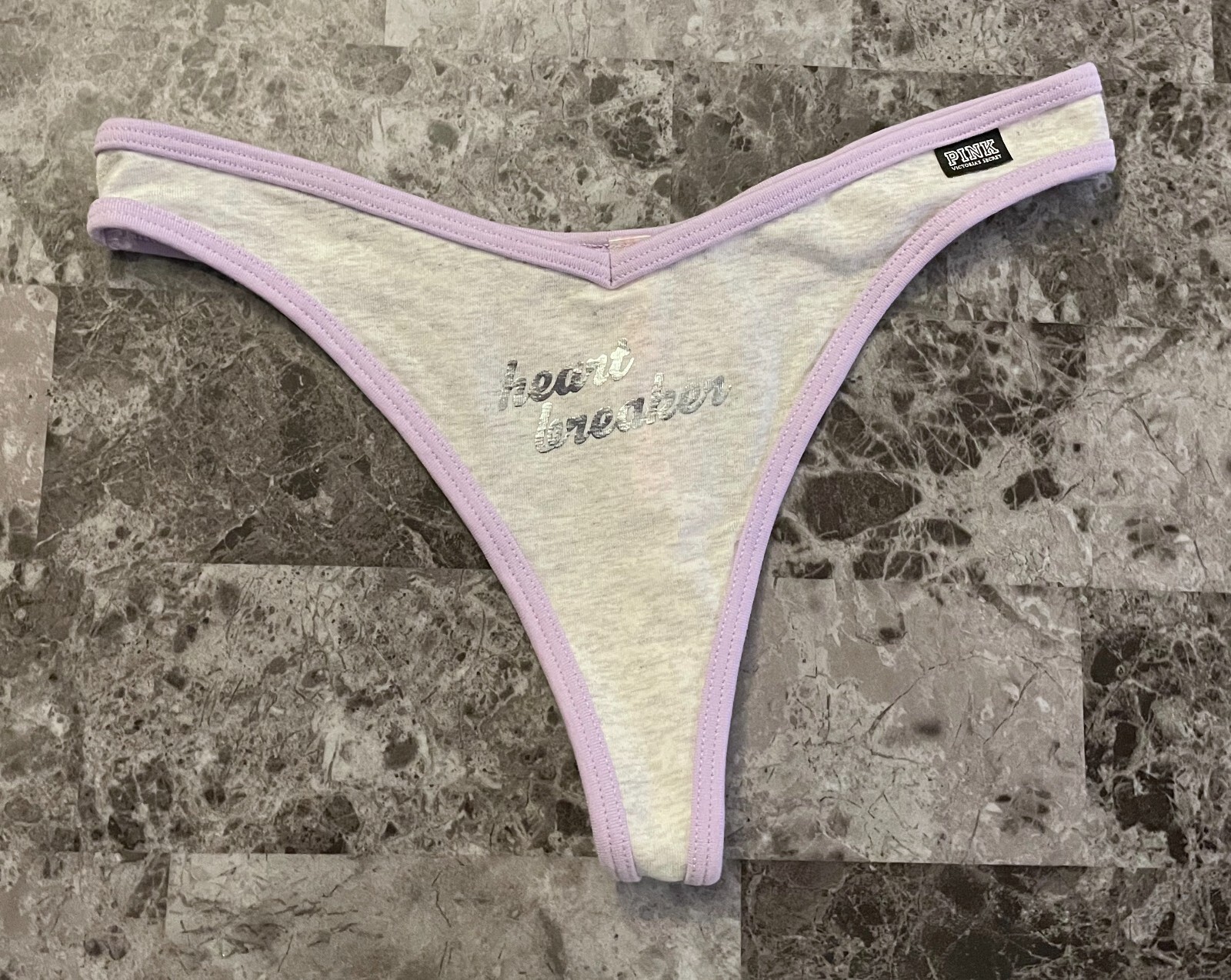 VICTORIA’S SECRET PINK SMALL LAVENDER GRAY SILVER HEART BREAKER THONG PANTIES