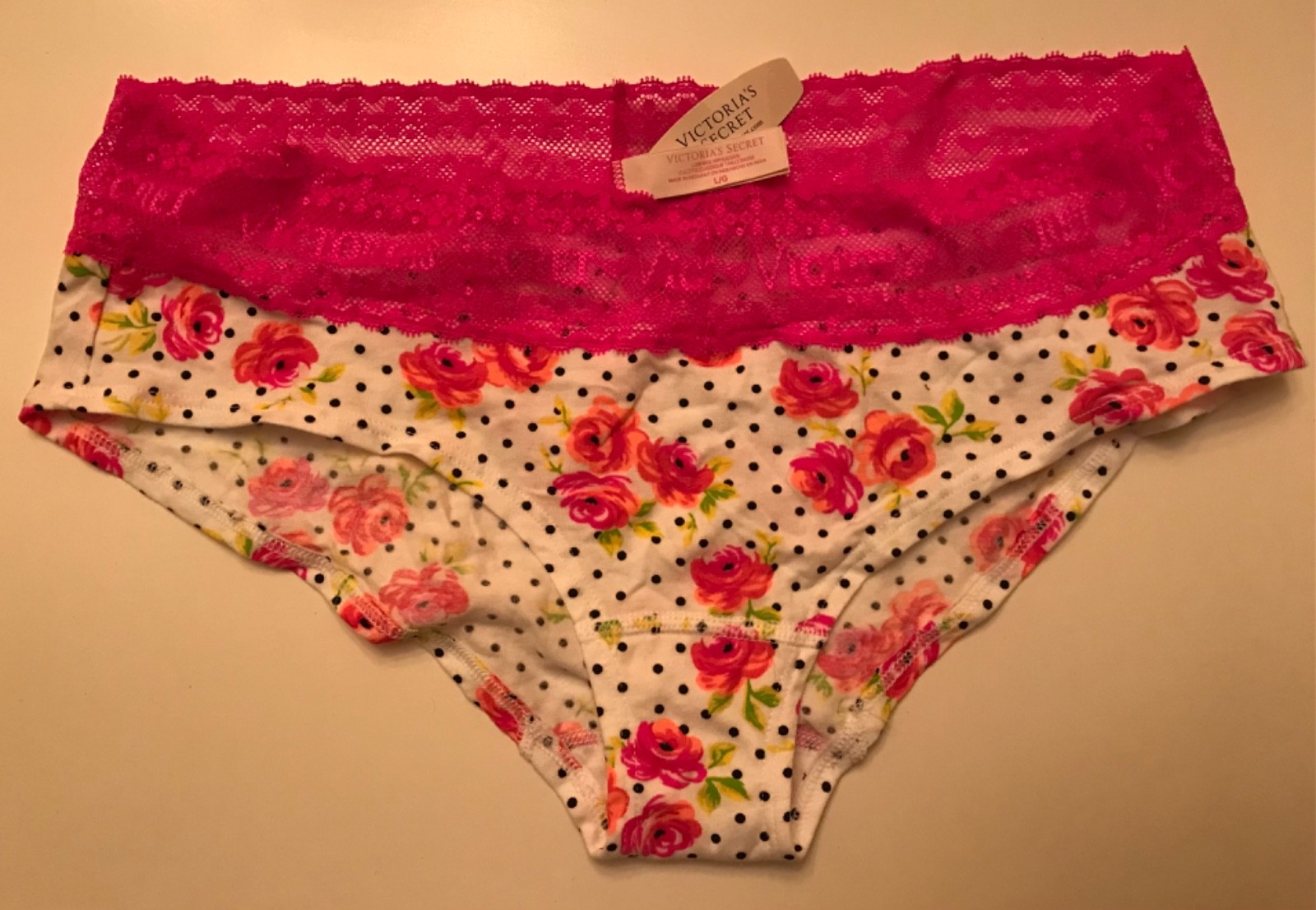 Victoria’s Secret Low-rise Floral Logo Laced Polka Dot Hiphugger Size Large