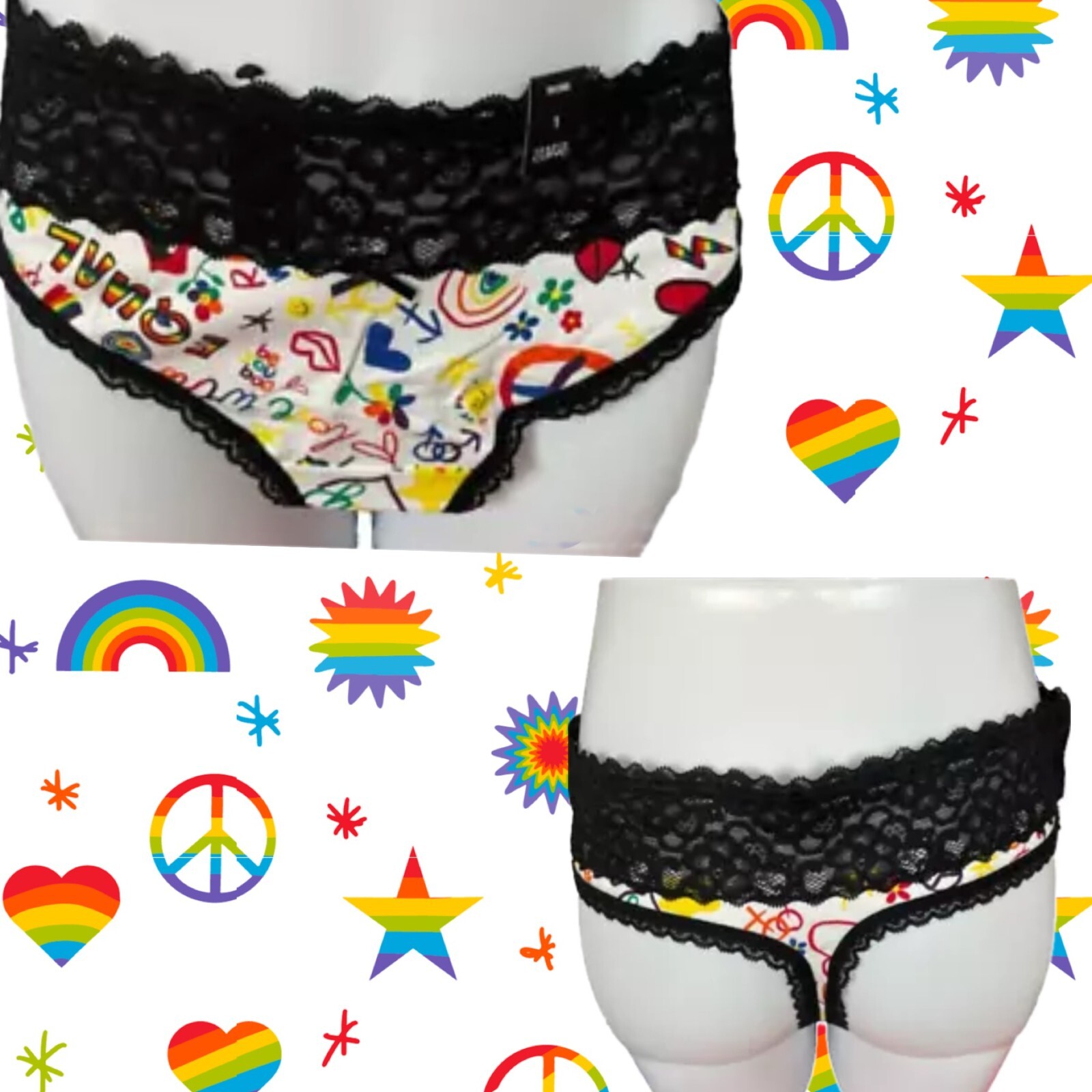 Torrid 1/XL Rainbow Pride Icon Doodle Print Scallop Lace Waistband Thong Panties