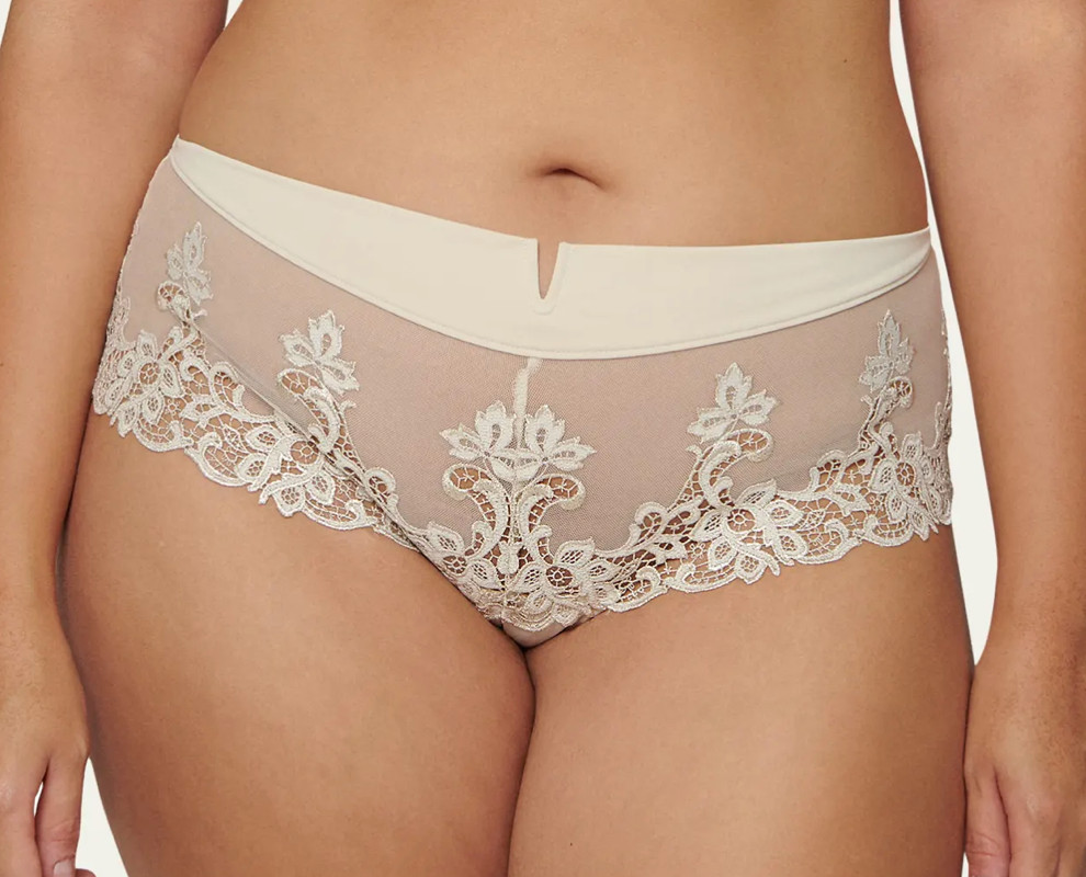 Simone Perele Size 1 / X-SMALL Saga Lace Boyshort Panty NWOT 15C630 Topaz Beige