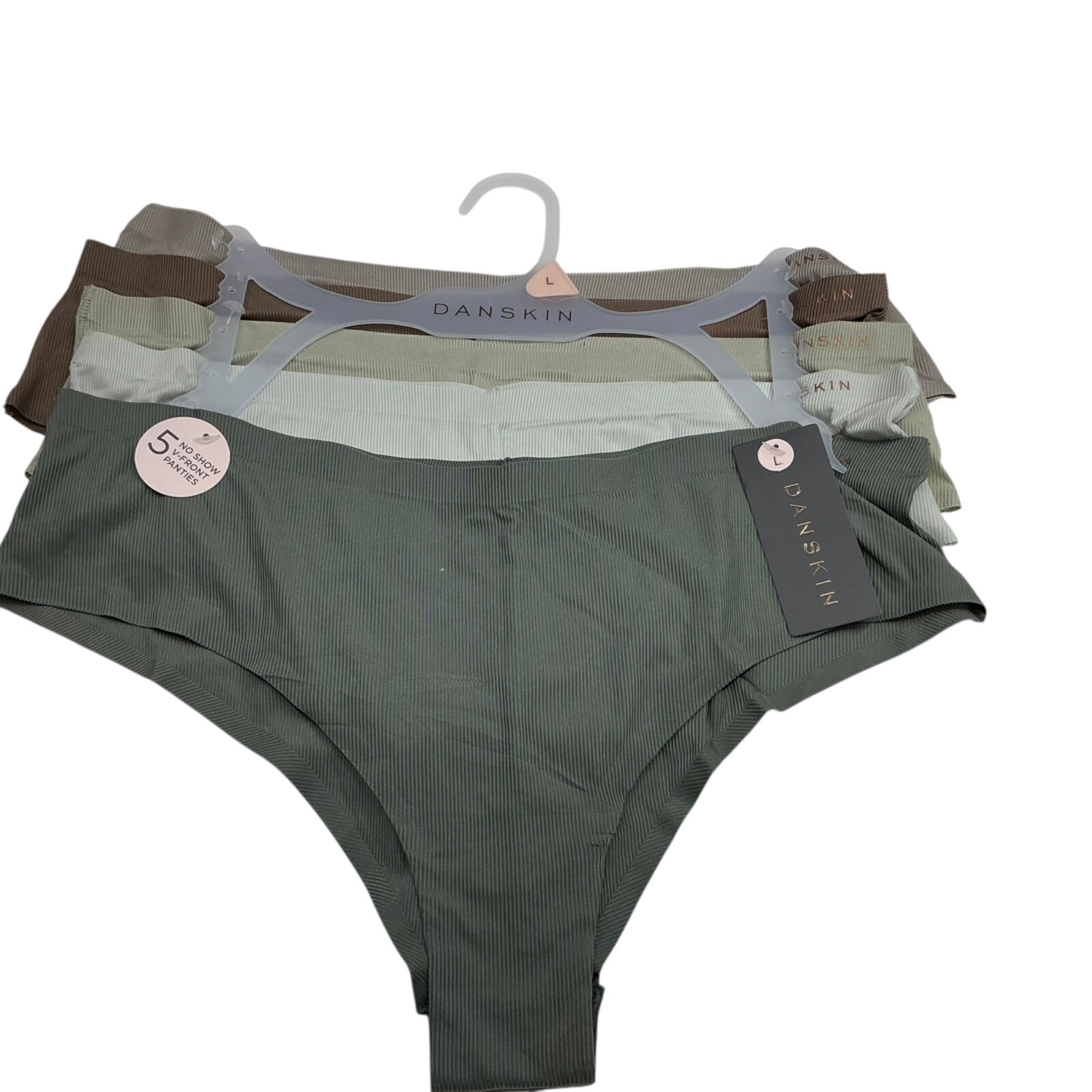 $48 NWT DANSKIN No Show V-Front Hipster Panties Khaki Multi-Colors L olive 5 pr