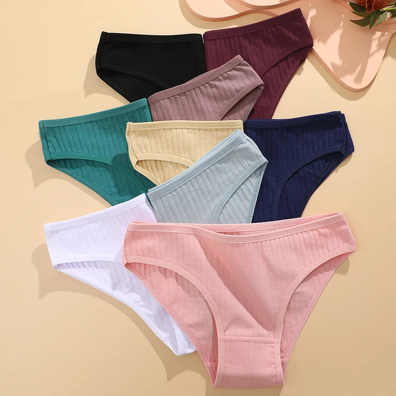 6PCS/SET Women’s Cotton Panties Sexy Soft Striped Underpants Solid Color