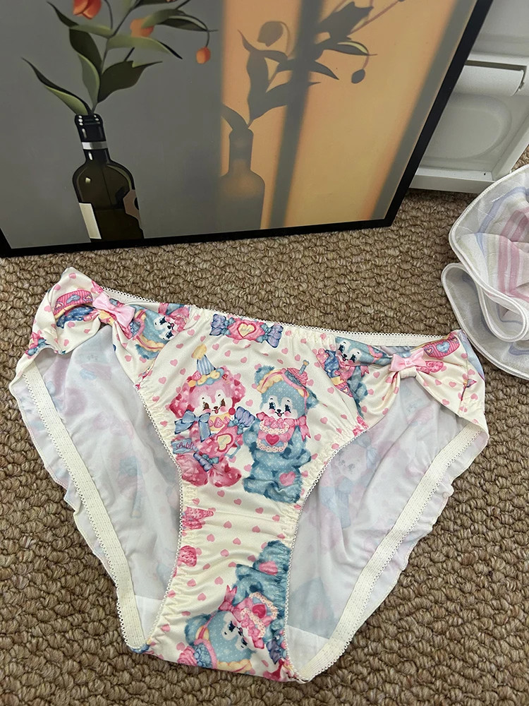 Cartoon Print Panties Mid Rise Bow Ruffle Breathable Women’s Underwear