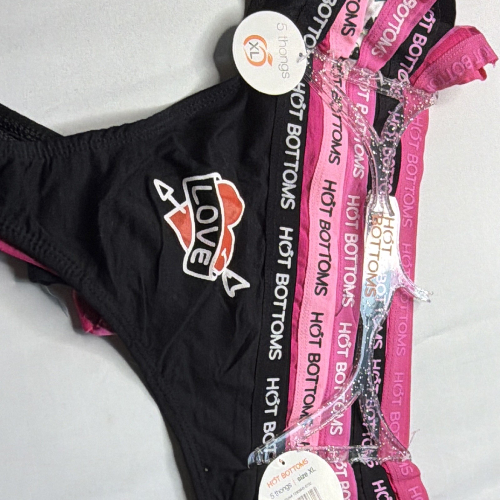 Hot Bottoms 5-Pack Women’s Thong Panties XL Graphic Print Love Logo Multicolor