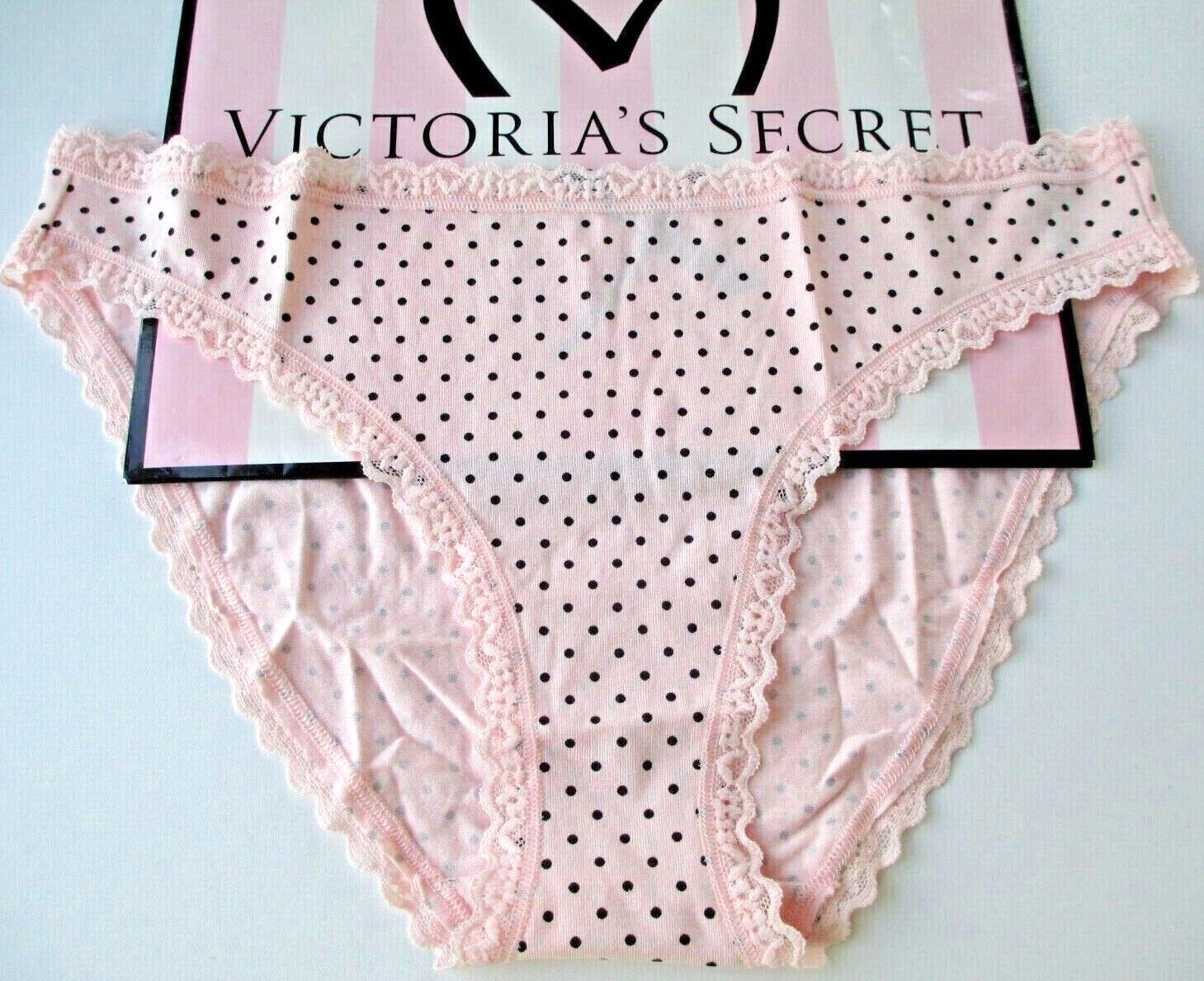 VICTORIA’S SECRET Cotton Bikini Panty L XL Lace Trim VS Pink Black Polka Dot NWT