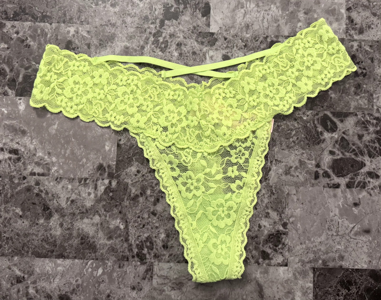 NWT VICTORIA’S SECRET NEON LIME GREEN FLORAL LACE STRAPPY BACK THONG PANTIES
