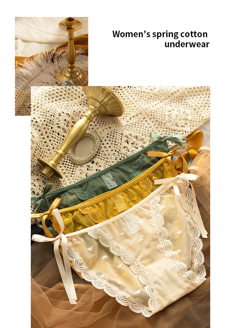 Low Rise Lace Bow Panties Women’s Hollow Out Heart Print Soft Stretch Briefs