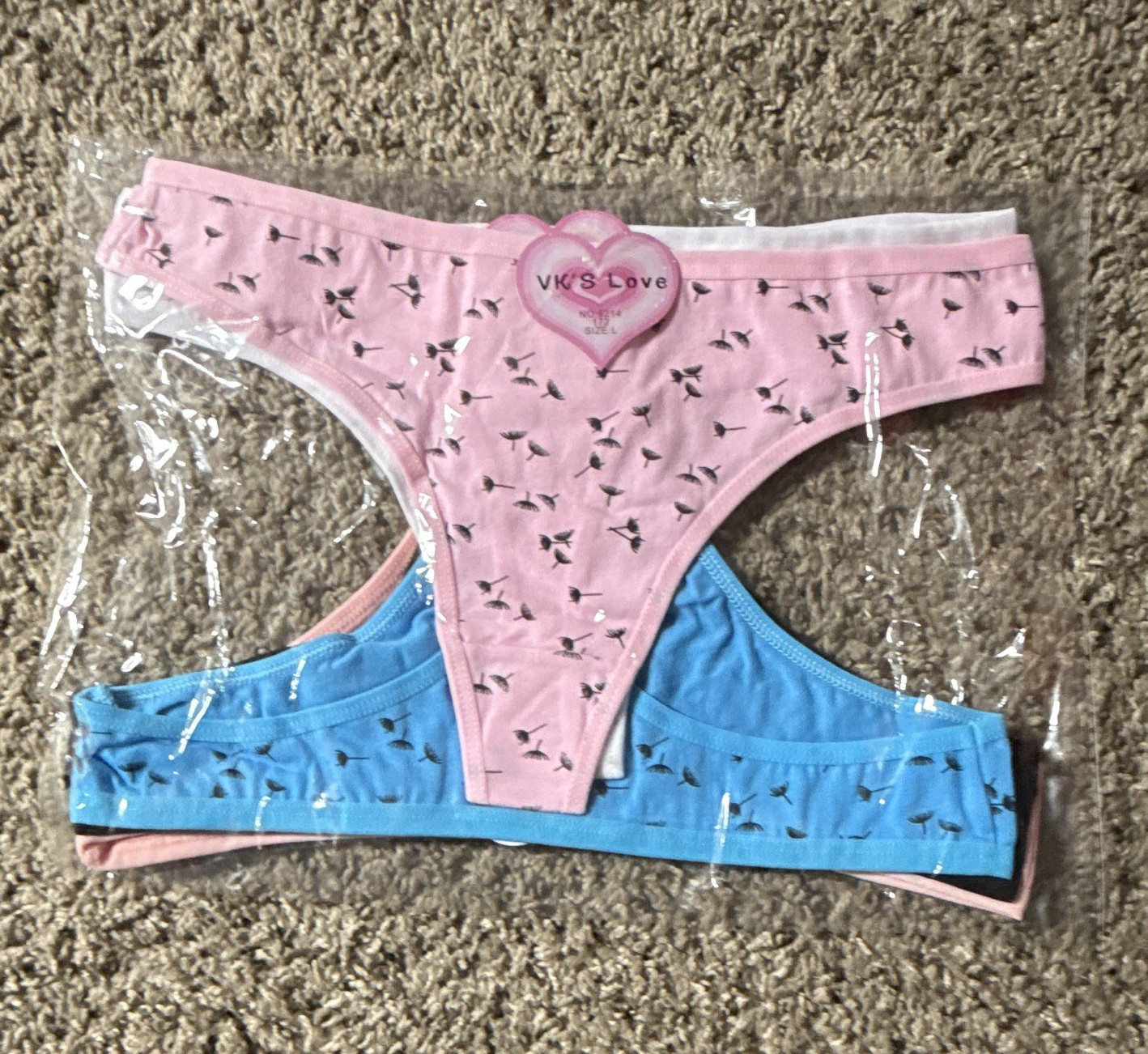 VK’s Love Floral Thong/String Panties 2-Pack Pink Blue Size L
