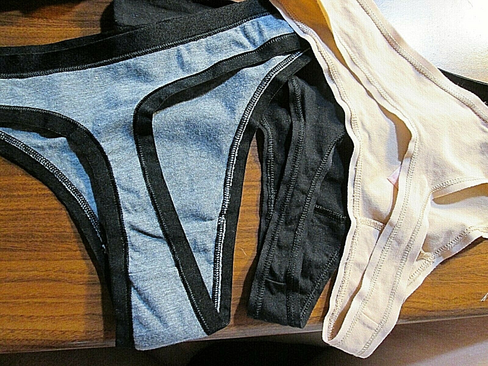 3 New Cotton Thong Panties💕 Sz M Set of 1 each of Gray w/Black, Beige & Black
