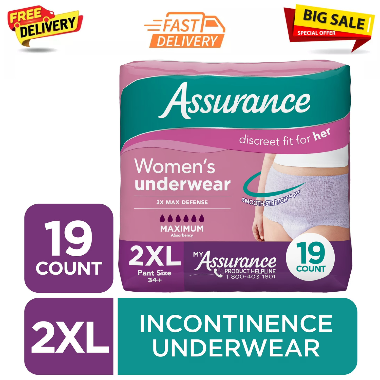 2pk Assurance Women’s Incontinence & Postpartum Underwear, XXL, (19Ct) Unscented