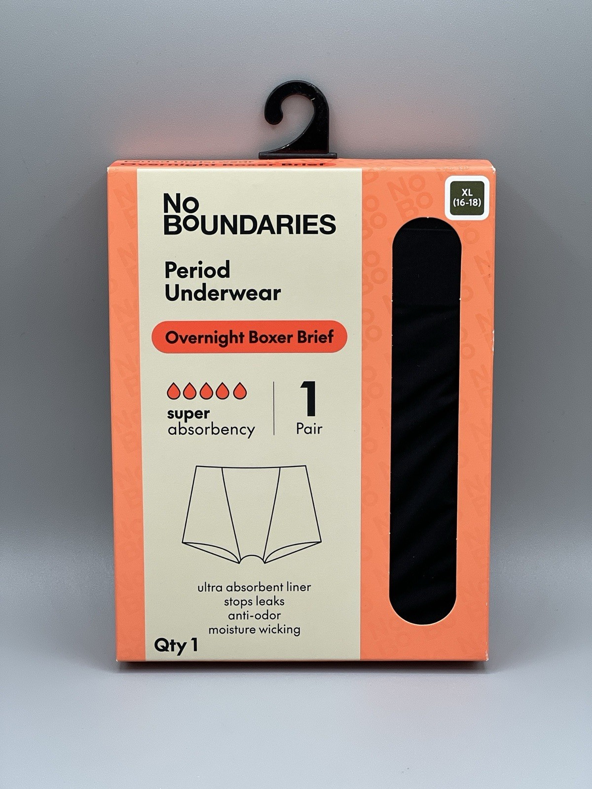 1-Pair NO BOUNDARIES Women’s XL Overnight Period Boxer Brief Super Absorbency