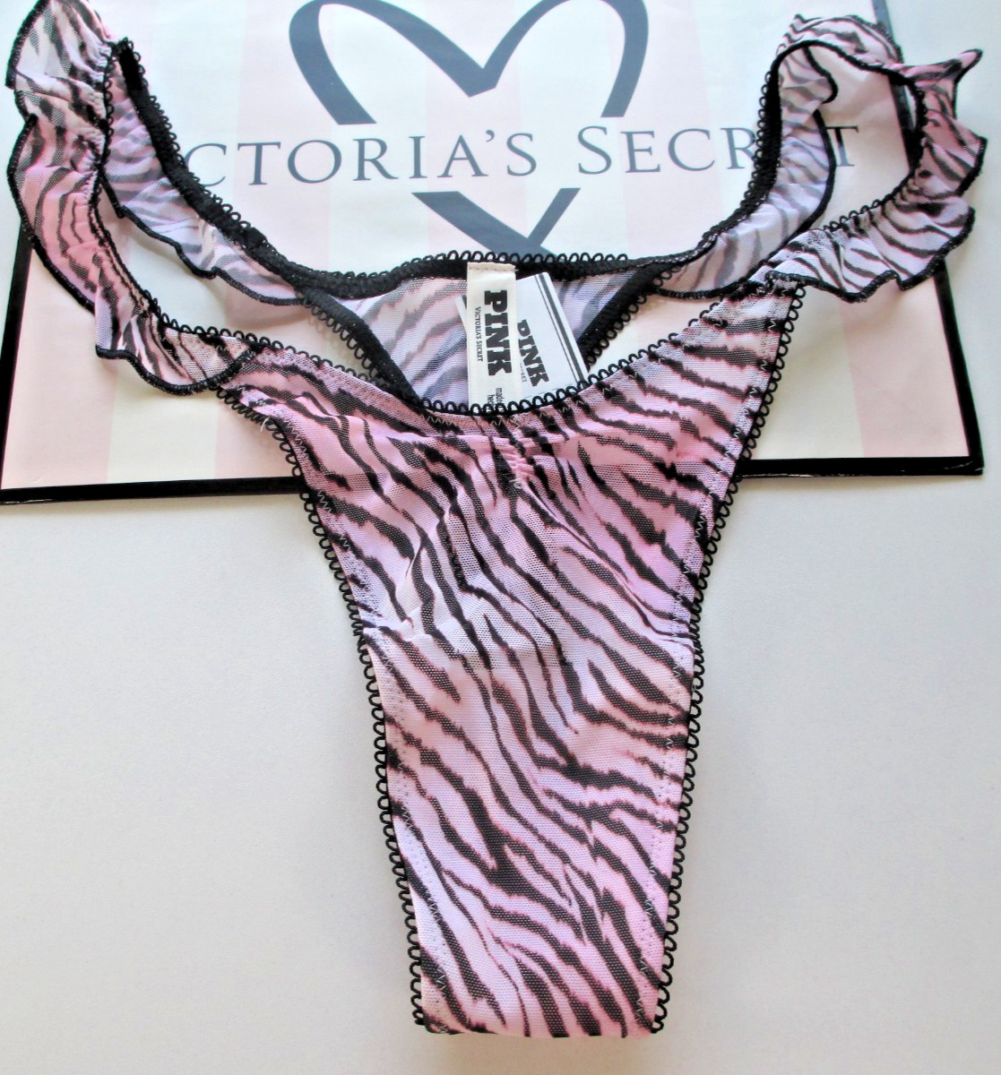 VICTORIA’S SECRET PINK High Leg Thong Panty S M L XL Zebra NWT Flutter VS Ruffle