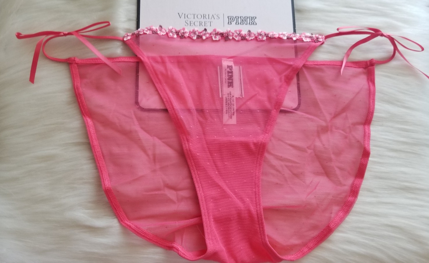 VICTORIA’S SECRET PINK WINK STRING BIKINI PANTY HIBISCUS EMBROIDERY XL PINK