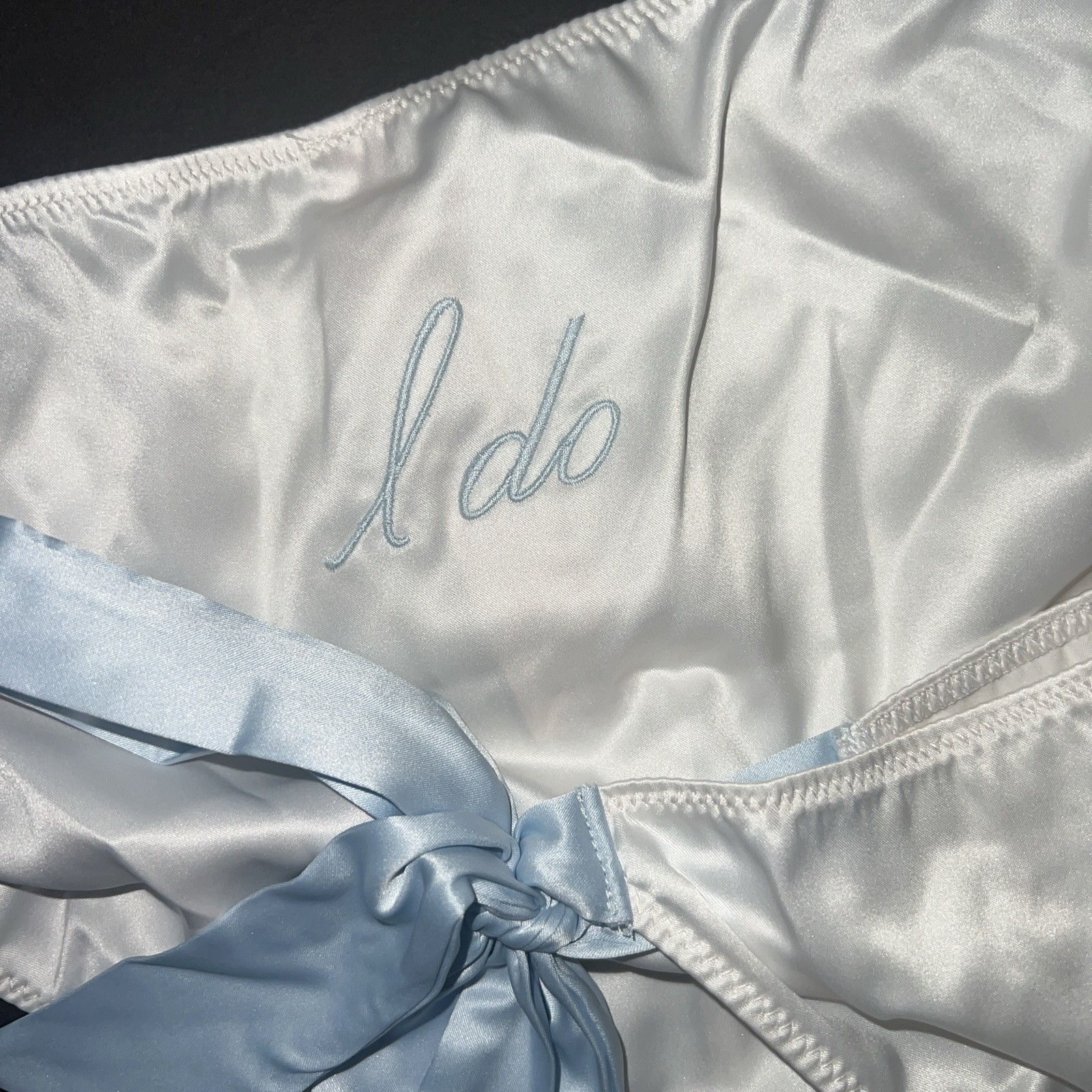 Victoria’s Secret M panty LOT 2 SATIN BLUE WHITE side tie BRIDE I DO EMBROIDERY