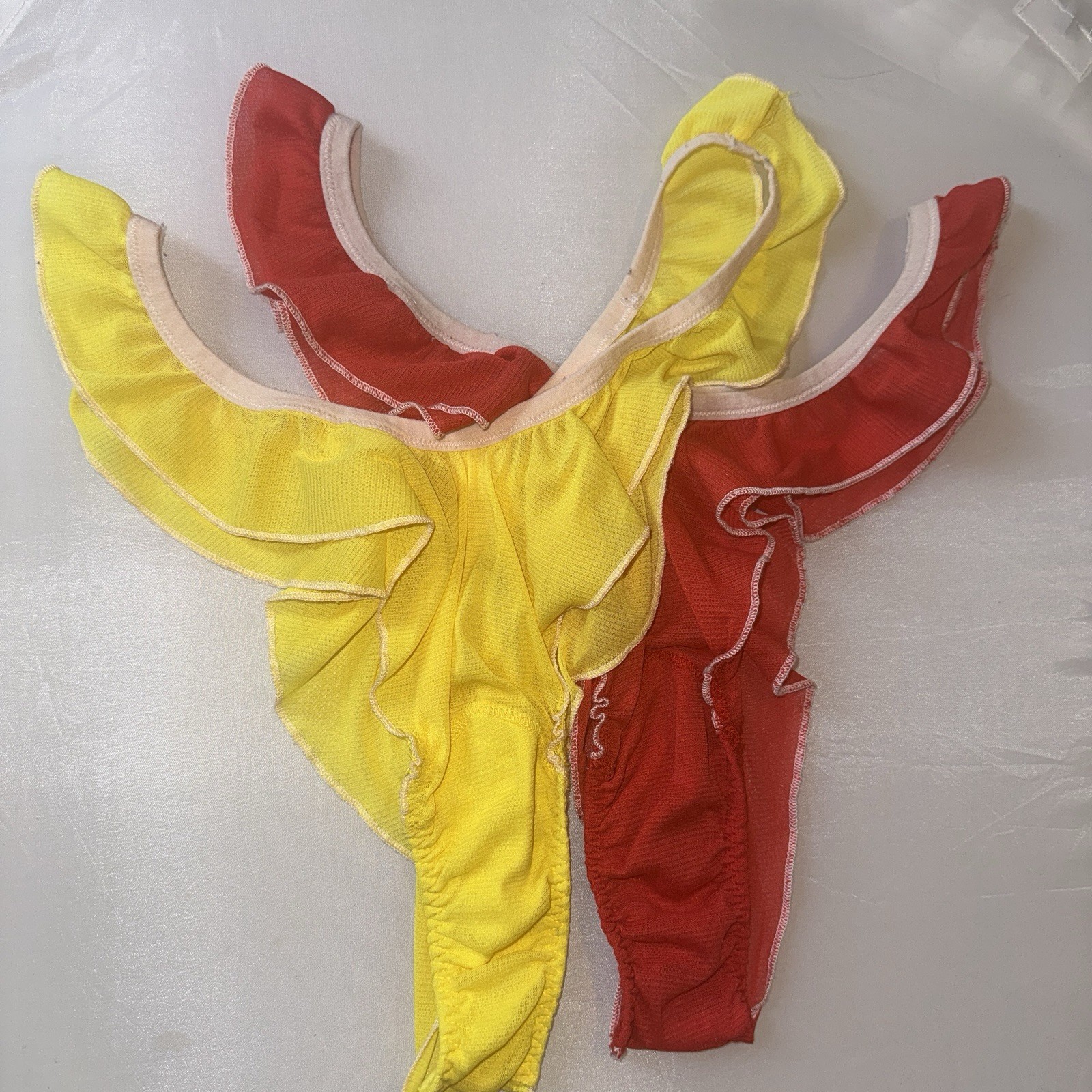 FREE PEOPLE WE ARE HAH Fly Girl Thongs Blood Orange and Yellow Sexy Ruffle Sz L
