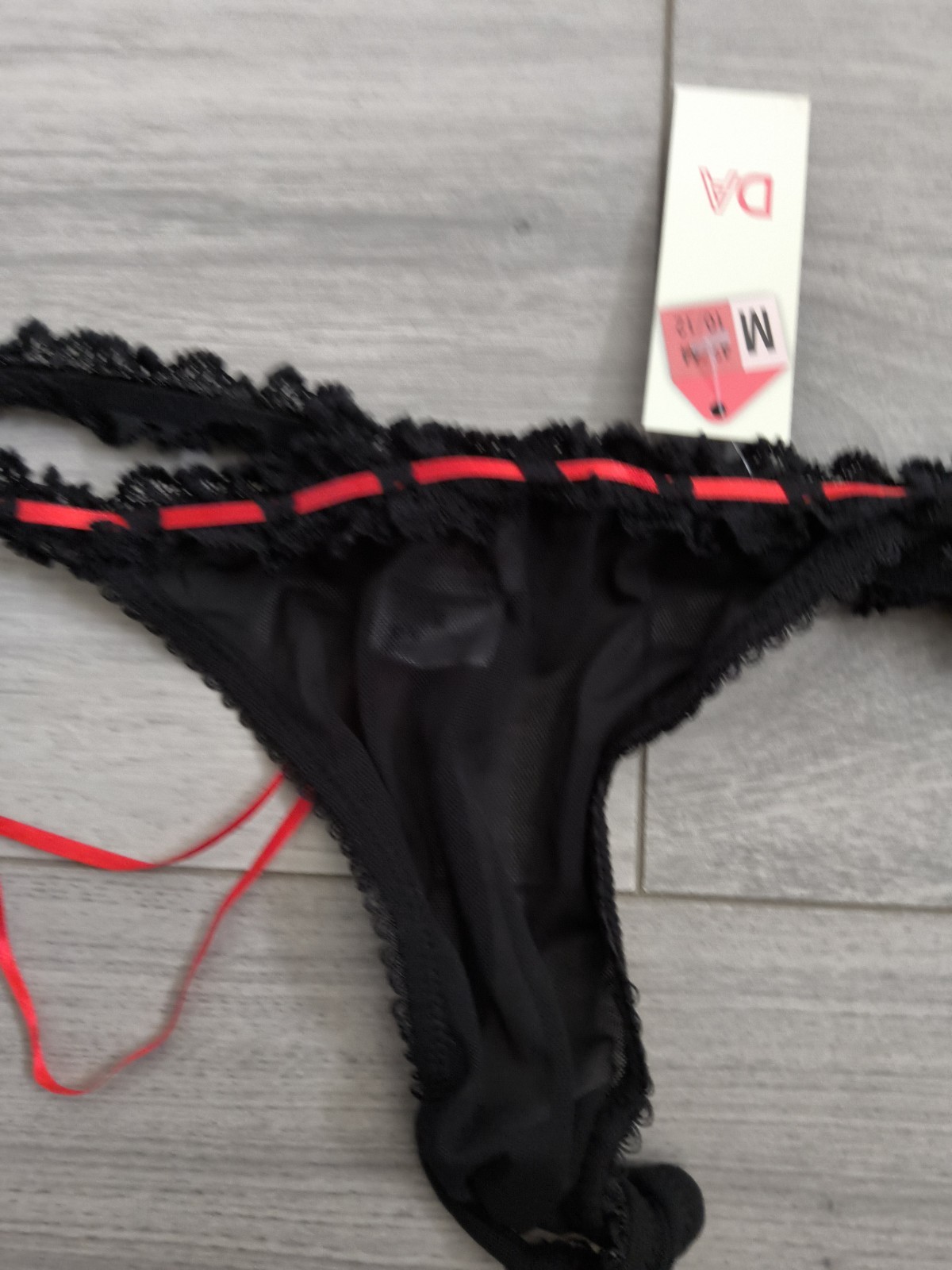 BNWT Vintage Daniel Axel Sheer Black Mesh & Ribbon Slotted Lace Thong Size 8-10