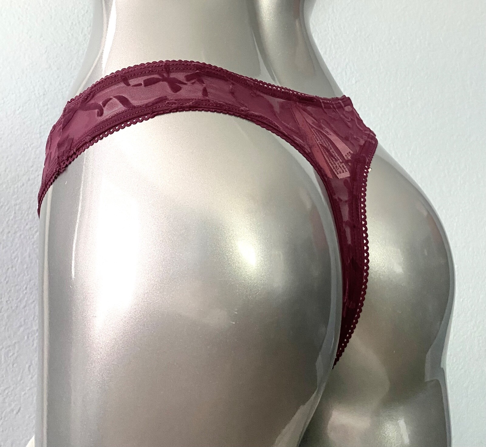 Victoria’s Secret Thong Panty Very Berry Sheer Mesh Velvet Flocked Sexy L XL