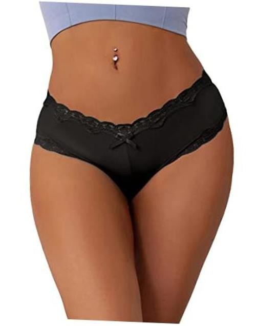 Women Lace Thong Plus Size Sexy Cheeky Panties Stretch X-Large-XX-Large Black