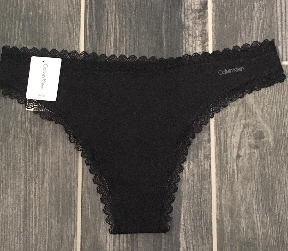 NEW Calvin Klein Black Lace Trim Thong Panty Microfiber Style #QD3705 Size L