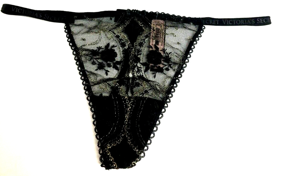 Victorias Secret Very Sexy Black Rose & Bows V-String Thong Panty S Sparkly Mesh