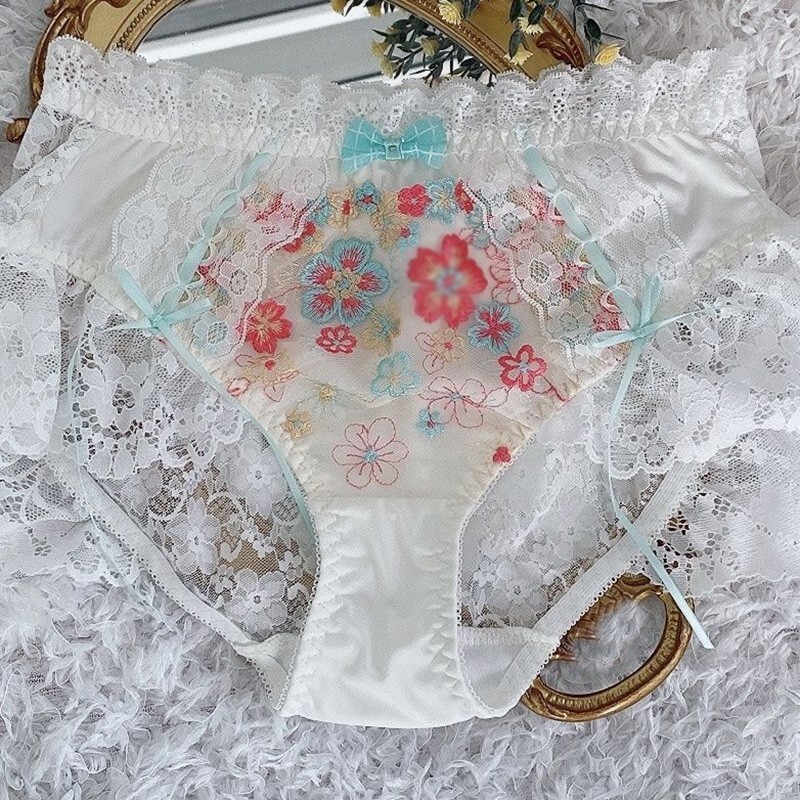 Lolita Sweet Girls Lace Bow Panties Embroidery Floral Briefs Underpant Underwear
