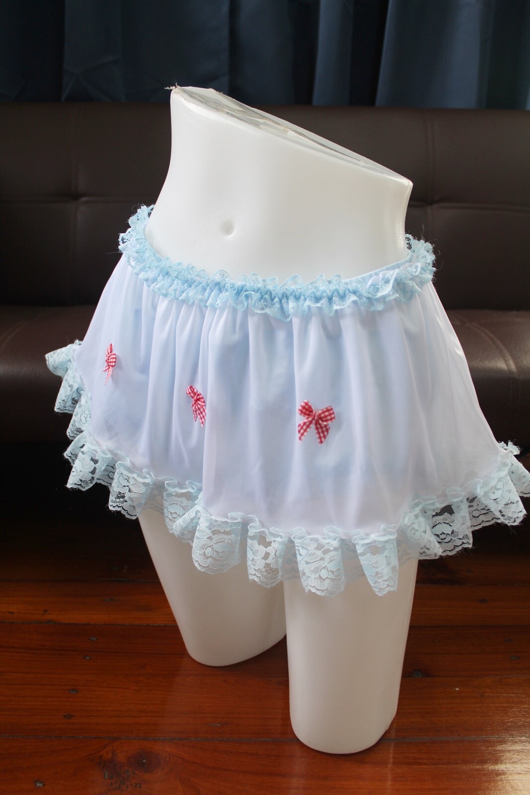 #A53 2XL/ElasticW.24-44″ 2in1 Blue Nylon Full Brief + Mini White Half Slip