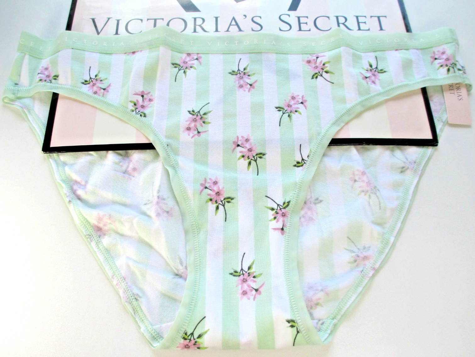 VICTORIA’S SECRET Cotton Bikini Panty M Green NWT White Stripe VS Floral