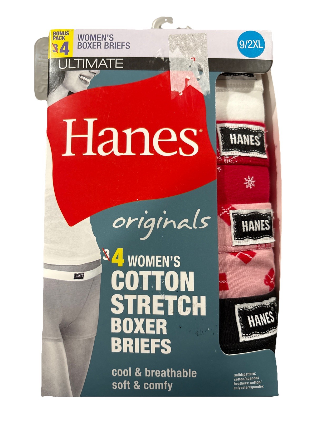 Hanes Ultimate Cotton Stretch Boxer Brief Panties Womens 9/2XL Multicolor 4 Pack