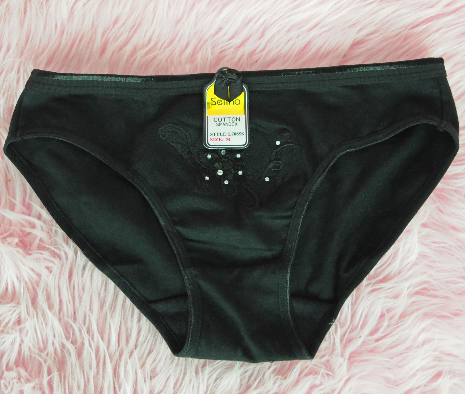 Selina Soft BLACK cotton Embroidered Beaded Sexy low rise bikini panties sz S/M