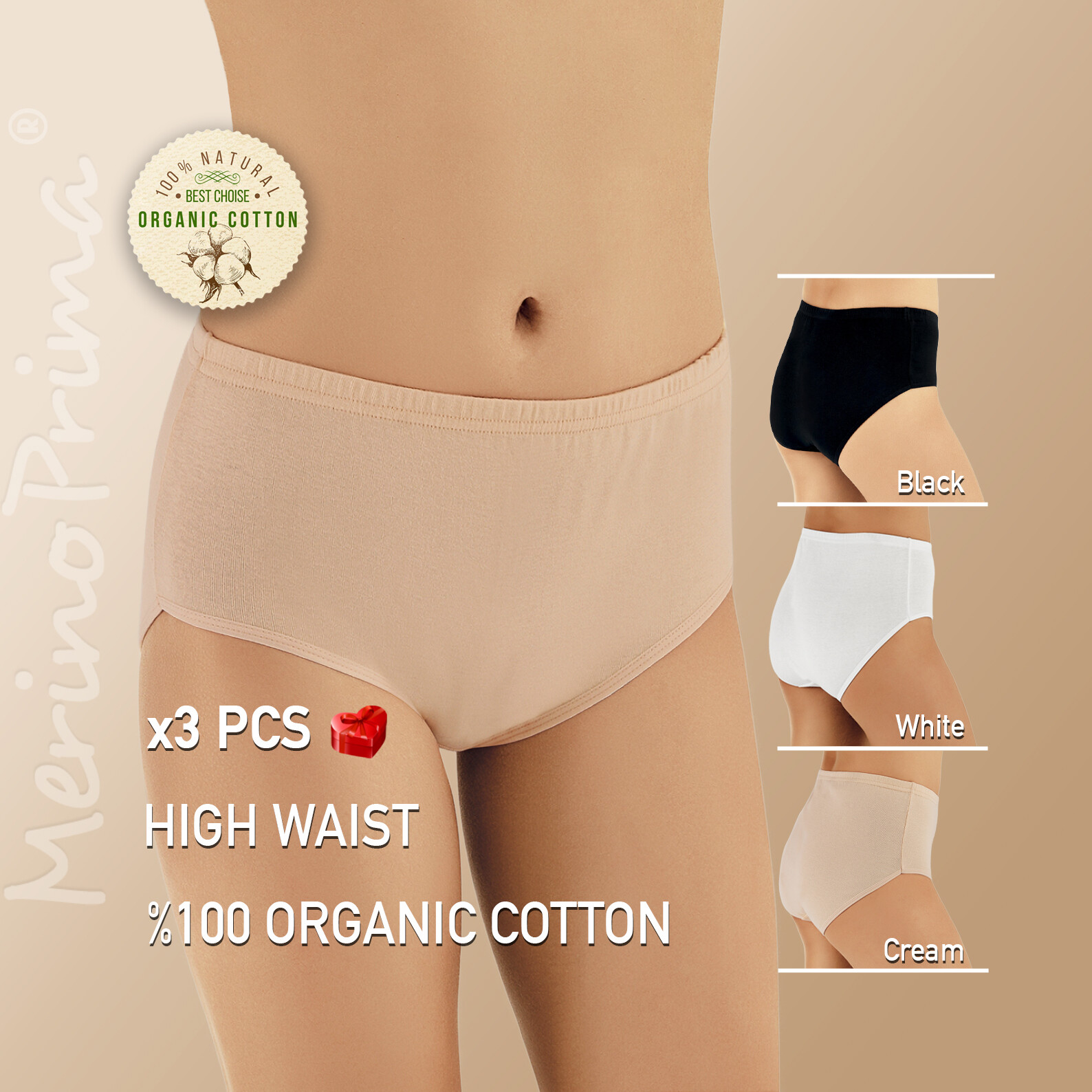 Pack of 3 100% Organic Cotton High Waist Panties for Women – Hi Rise Underwear