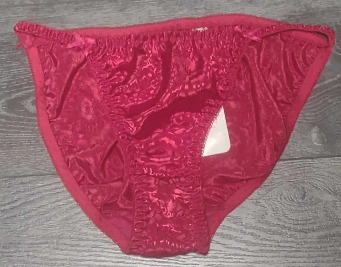 Vtg NWT Red Satin Panty String Bikini Floral Embossed Van Mar Size Medium