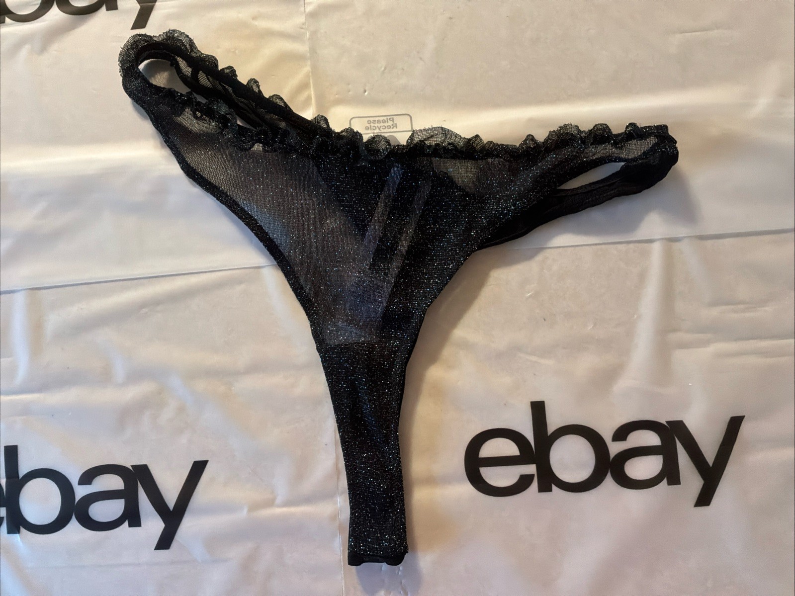 Black Sparkle Lingerie Pretty Little Things Thong Tanga Panty – RN#167448 NEW