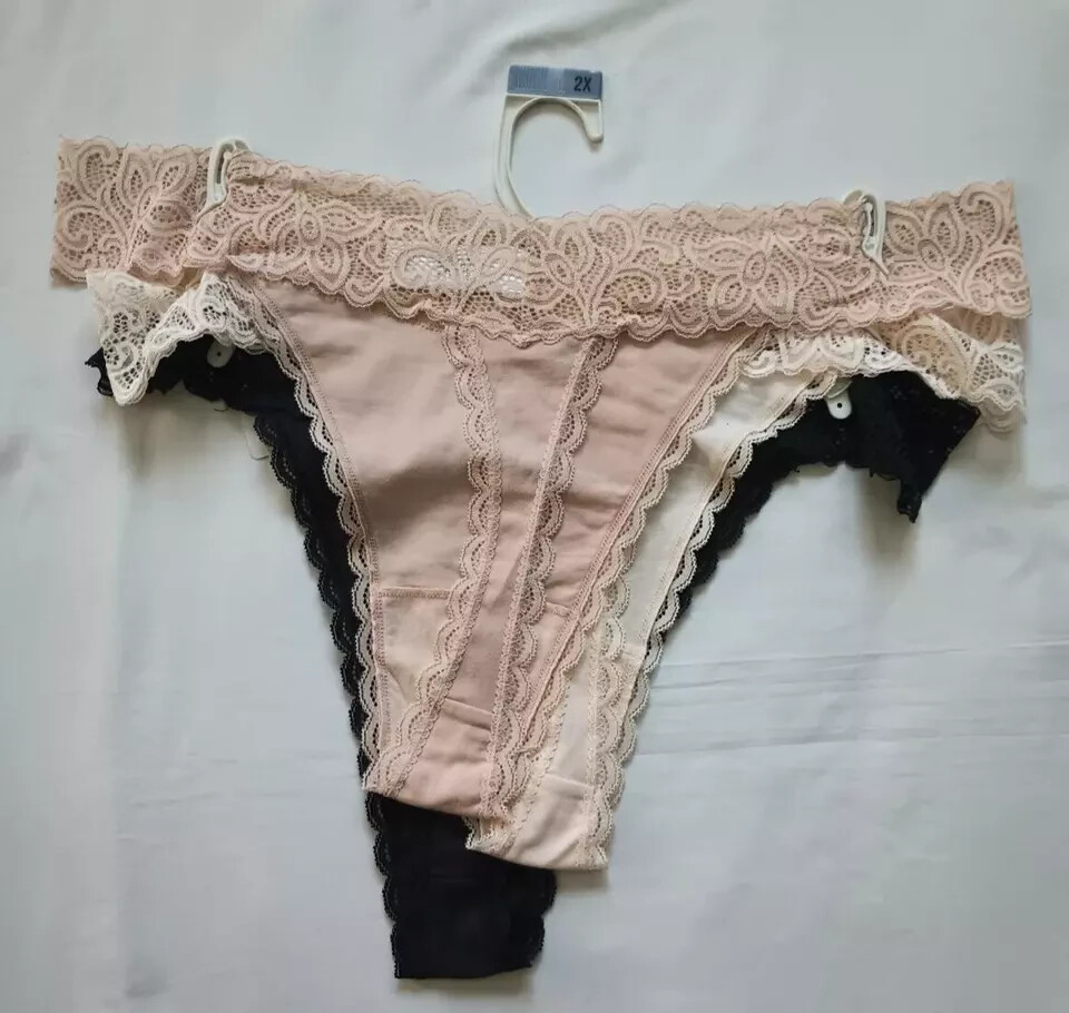 Tranquil & True 3-Pack Cotton/Lace Thongs Size 2X Multicolor (LOT OF 2 PACKS)