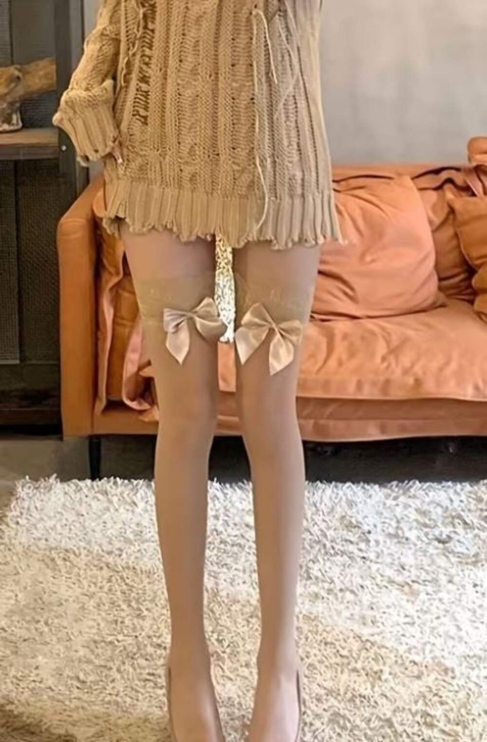 Sheer Thigh High Stockings Lace Top nude Bow Cute Coquette Hosiery one size
