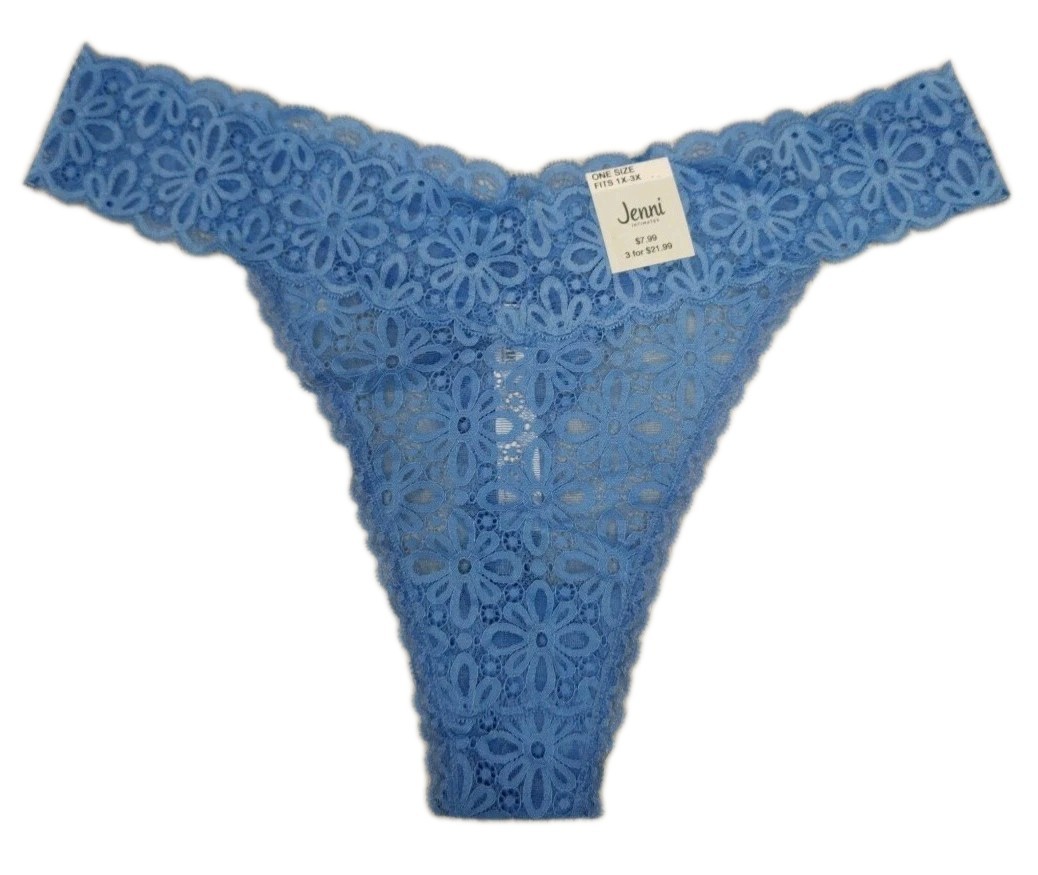 • NWT Jenni Womens Lace Thong Underwear Panty One Size Plus, Fits 1X 2X 3X Blue