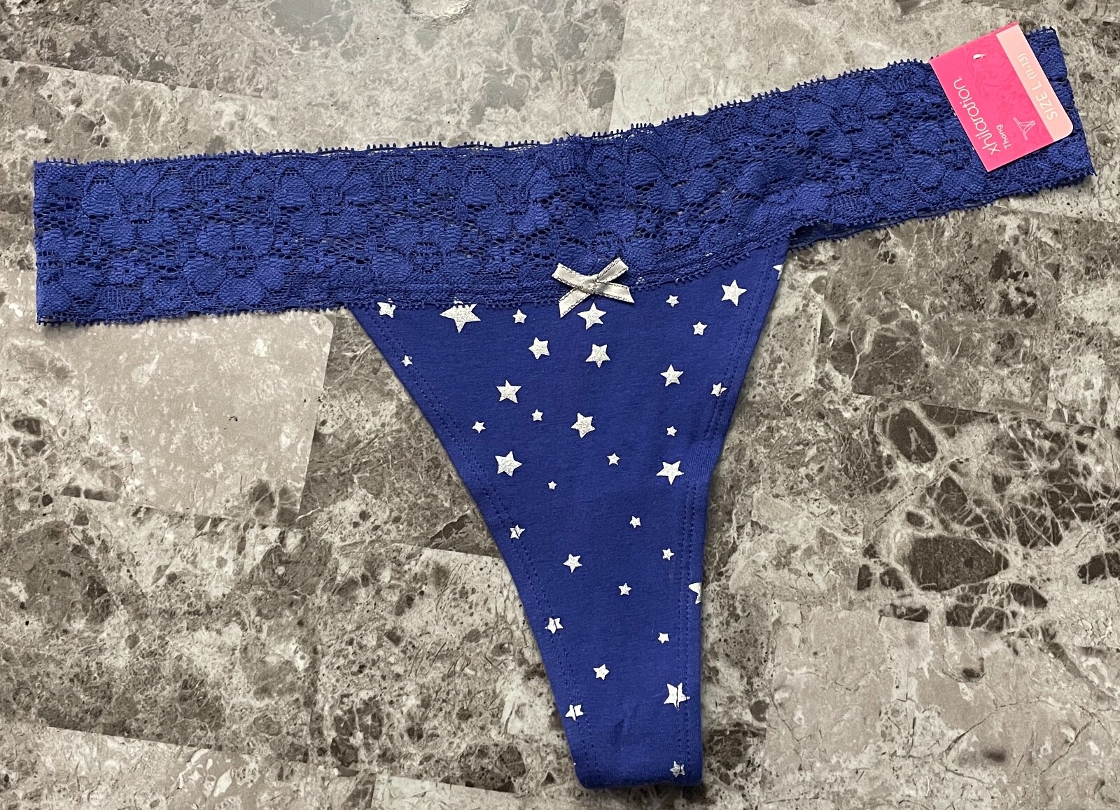 NWT XHILARATION TARGET LARGE BLUE SILVER STAR LACE WAISTBAND RARE THONG PANTIES