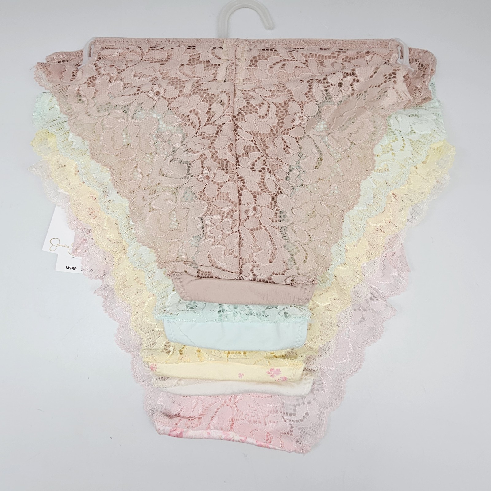 JESSICA SIMPSON 5 Pk Women’s S M L XL Back Lace Bikini Panties Beige Mint Yellow