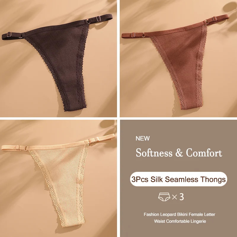 Low Rise Thong Panties Cotton Seamless Stretch Breathable Adjustable Fit 3PCS