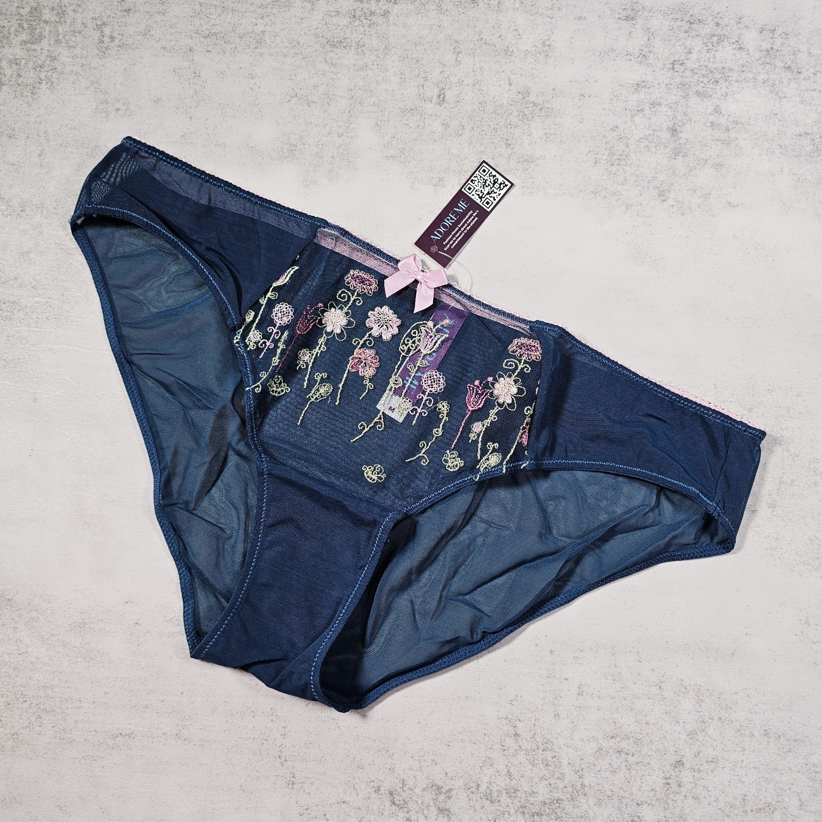 Adore Me Elie Dark Teal Blue Sheer Embroidered Bikini Panty Size M