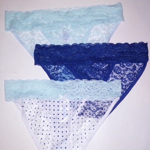Set of 3 Simply Styled Panties Small Bikini Blue White Solid Polka Dots New