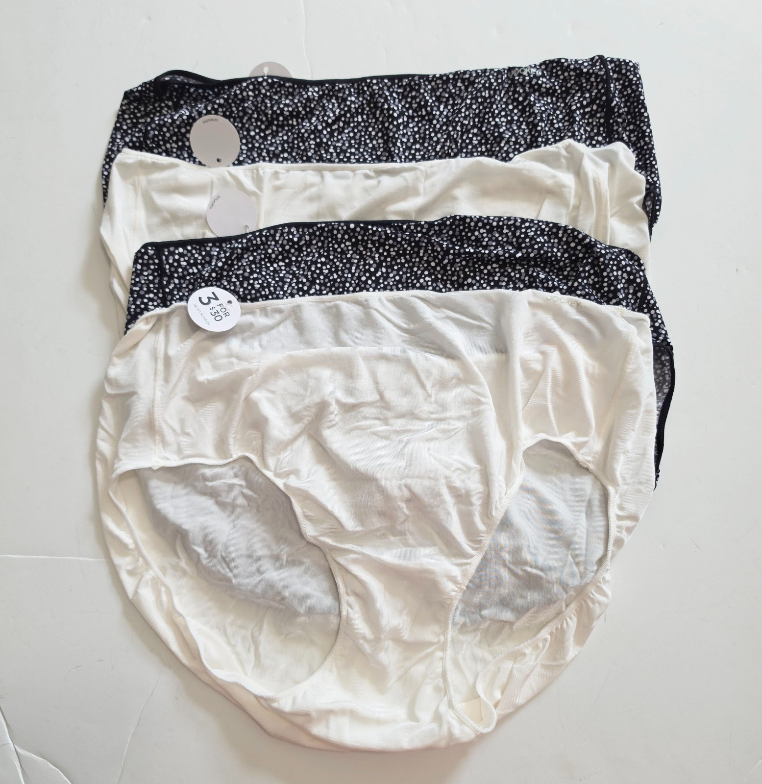 4 Jockey No Panty Line Promise Hip Brief Panty Ivory & Black Dot 1372 Sz 8 – NWT