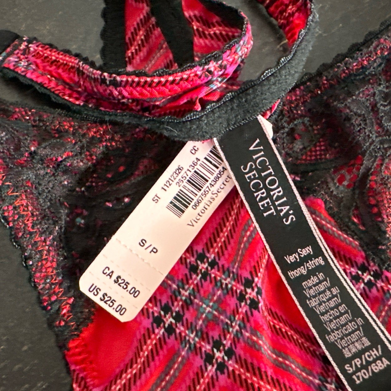 NEW Victoria’s Secret Very Sexy Lace Thong Shine Strap Lacy Plaid Red S/P