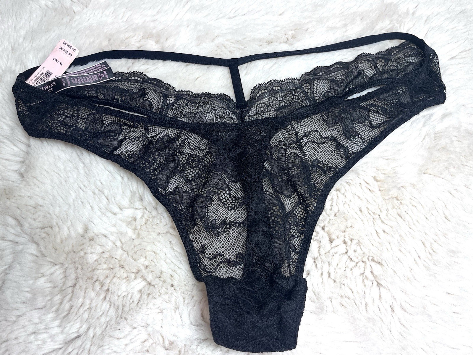 VICTORIA’S SECRET XL BLACK GOLD TRIM LACE V STRING STRAPPY THONG PANTIES NWT