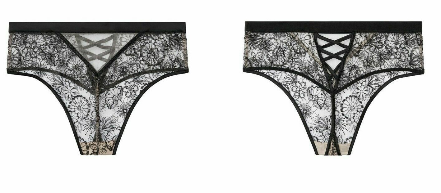 Victorias Secret Black Embroidered High Waist Thong Panty Size M Floral Lace-Up