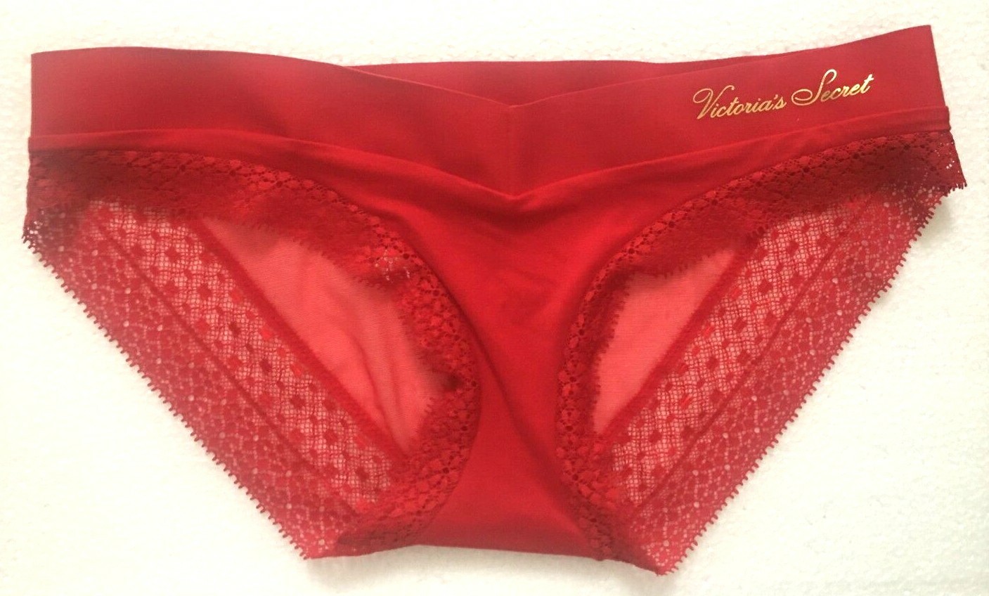 Victorias Secret Incredible Lipstick Red Bikini Panties XS Logo Waist Lace Trim
