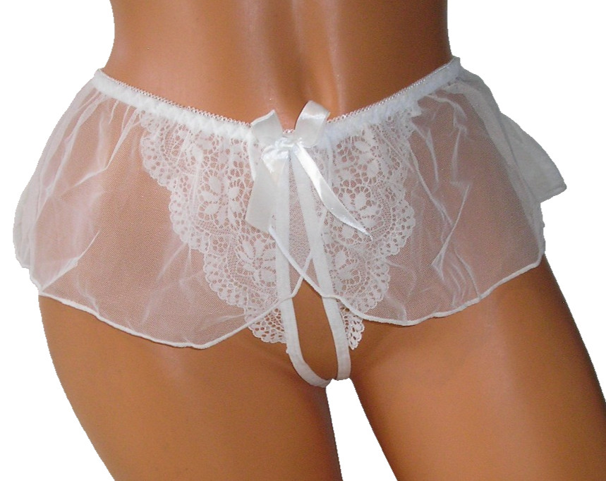 Panties Lingerie White Lace & Mesh Open Back & Crotchless, Large Adult Gift