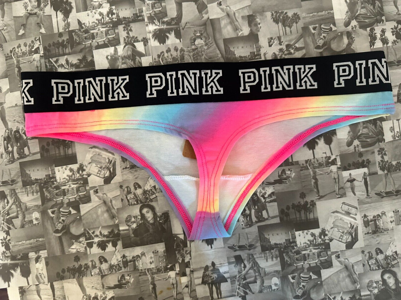 NWT Victoria’s Secret PINK Block Elastic Logo Thong Panty Rainbow Gradient Small