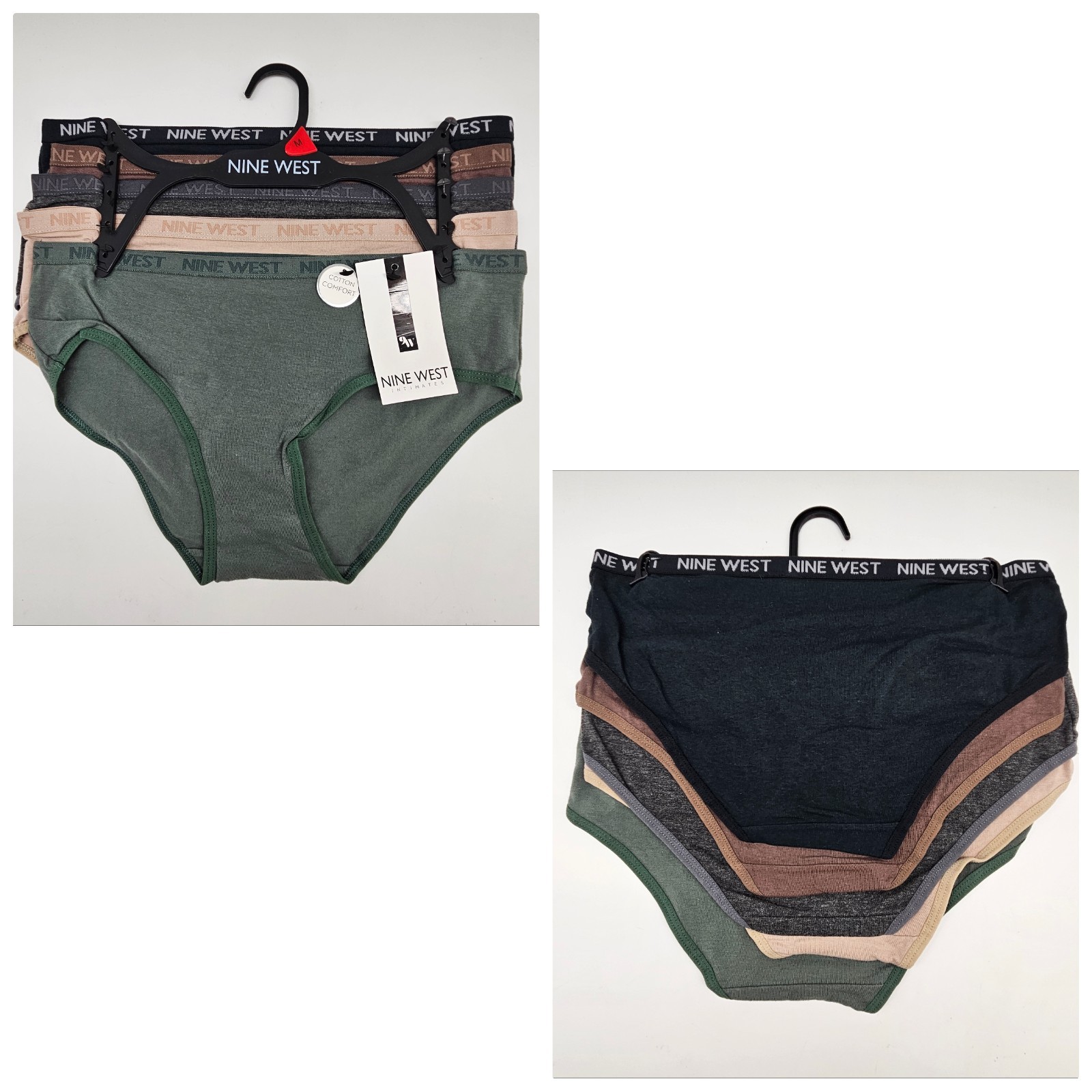 NINE WEST 5 Pack Women’s Large Cotton Logo Panties Black Brown Gray Beige Green